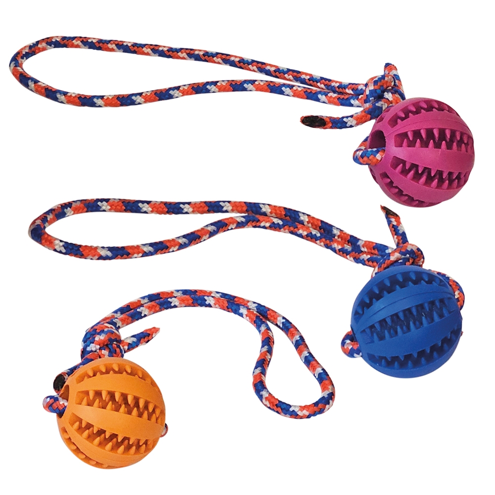 Zabawka dla psa Nobby Rubber Line Dental Ball with rope Ø 5cm, 30cm- gumowa, kolorowa piłka ze sznurem i otworami na przysmaki - Nobby zdjęcie 2