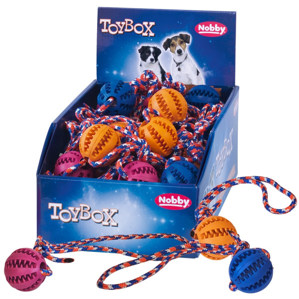 Zabawka dla psa Nobby Rubber Line Dental Ball with rope Ø 5cm, 30cm- gumowa, kolorowa piłka ze sznurem i otworami na przysmaki - Nobby zdjęcie 1