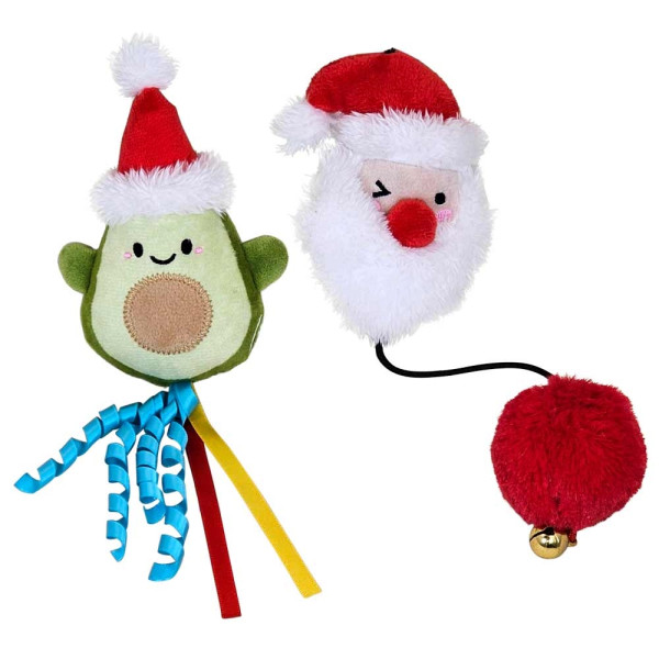 Xmas Nobby Świąteczna pluszowa zabawka dla kota z kocimiętką 11-26cm lub 13-23cm - awokado z kolorowymi wstążkami lub mikołaj z dzwoneczkiem na gumce - Nobby zdjęcie 1