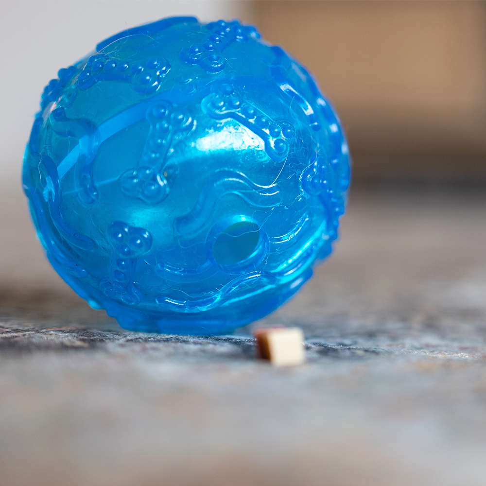 Zabawka z gumy termoplastycznej dla psa Nobby TPR Snack Ball Ø 8cm- niebieska piłka z otworami na przysmaki - Nobby zdjęcie 3