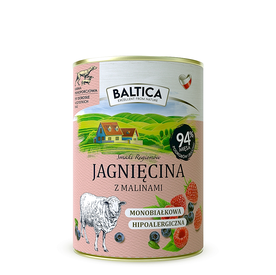 Baltica Smaki Regionów Mokra Karma Psa Jagnięcina z Malinami Puszka 400g