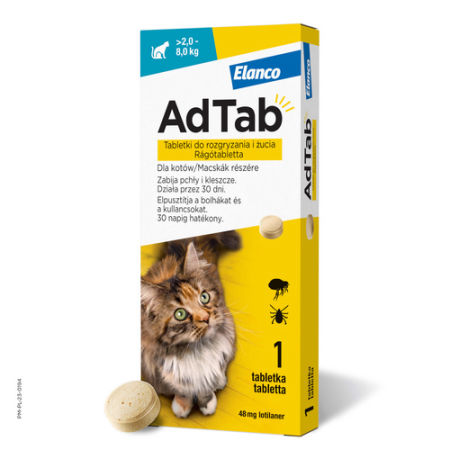 AdTab tabletka na pchły i kleszcze firmy ELANCO Cat 48mg dla kota o wadze 2-8 kg