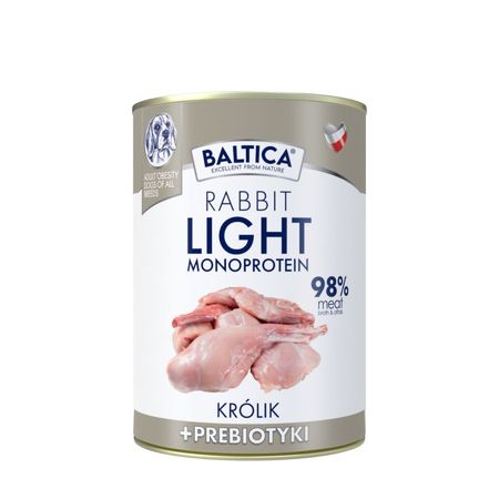 Baltica BALTICA NUTRACEUTIC Rabbit Light 400g o obniżonej zawartości tłuszczu (15% )- bezzbożowa, monobiałkowa mokra karma dla psa 98% królika z dodatkiem prebiotyków MOS i FOS wspomagających układ trawienny
