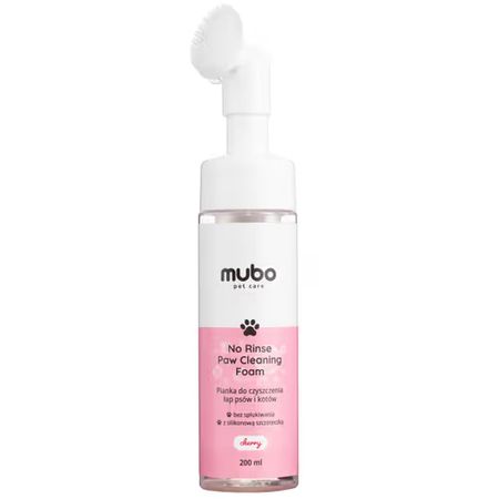 Mubo No Rinse Paw Cleaning Foam Cherry 200ml - pianka do mycia łapek z wbudowanym silikonowym aplikatorem dla psa i kota, bez spłukiwania o wiśniowym zapachu