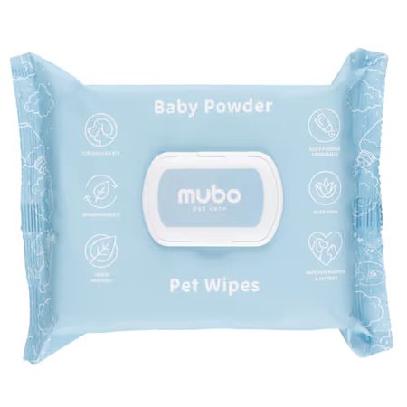 Mubo Baby Powder Pet Wipes 100szt. - delikatne, nawilżone chusteczki z aloesem dla psa i kota, o zapachu dziecięcego pudru 15x30cm