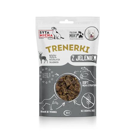 Syta Micha Trenerki z jeleniem dla psa 80g - 99% jelenia - małe kawałeczki idealnie sprawdzą się jako przekąska treningowa na jednego kęsa