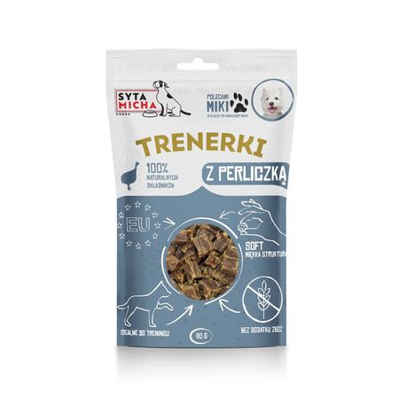 Syta Micha Trenerki z perliczką dla psa 80g - 99% perliczki - małe kawałeczki idealnie sprawdzą się jako przekąska treningowa na jednego kęsa