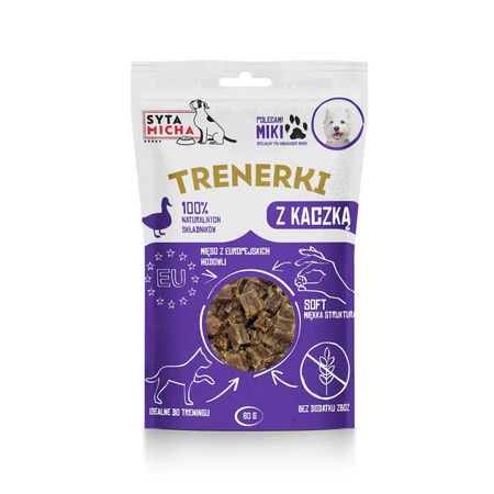 Syta Micha Trenerki z kaczką dla psa 80g - 99% kaczki - małe kawałeczki idealnie sprawdzą się jako przekąska treningowa na jednego kęsa