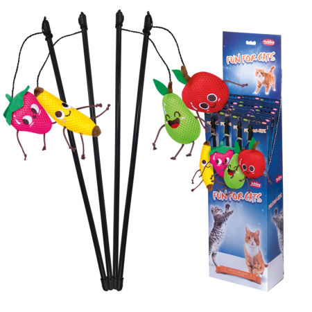 Zabawka dla kota wędka z trzeszczącą siateczkową zabawką i kocimiętką „Crazy Fruits