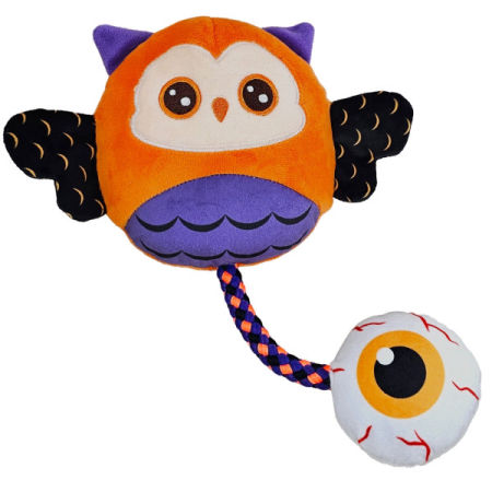 Pluszowa zabawka dla psa Nobby Halloween Plush owal with rope 14,5*23 ; 32cm - pluszowa sowa na Halloween z piszczałką, sznurem i szeleszczącymi skrzydełkami