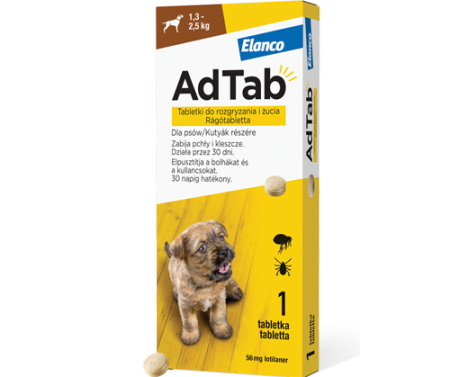 AdTab tabletka na pchły i kleszcze firmy ELANCO Dog 56,25mg dla psów o wadze 1,3 - 2,5 kg