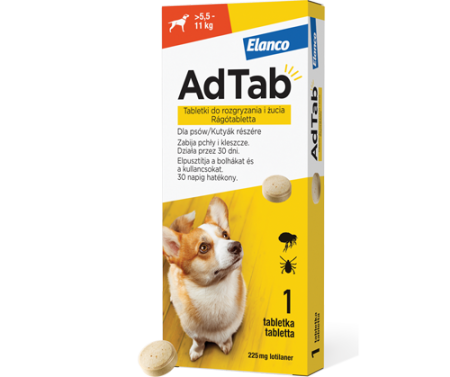 AdTab tabletka na pchły i kleszcze firmy ELANCO Dog 225mg dla psów o wadze 5,5 - 11 kg