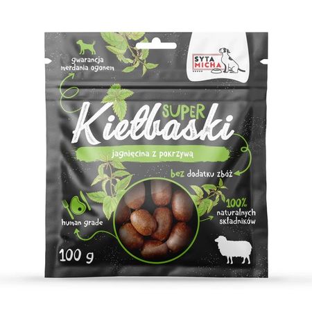 Syta Micha Super kiełbaski 100g chrupiące przysmaki 100% naturalne, 95% mięsa mięśniowego - Jagnięcina z pokrzywą