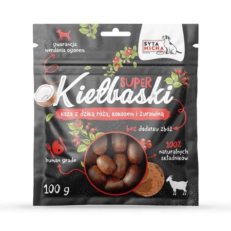Syta Micha Super kiełbaski 100g chrupiące przysmaki 100% naturalne, 95% mięsa mięśniowego - Koza z dziką różą i kokosem
