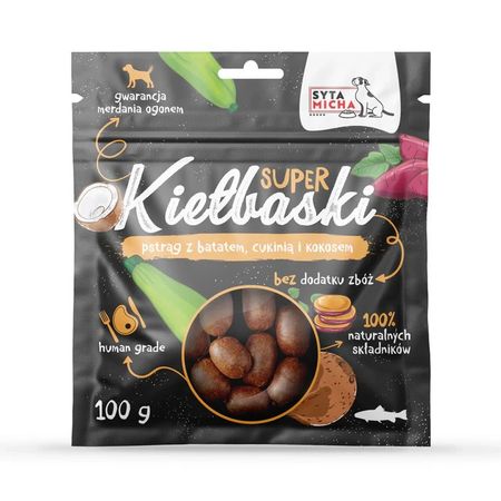 Syta Micha Super kiełbaski 100g chrupiące przysmaki 100% naturalne, 95% mięsa mięśniowego - Pstrąg z batatem, cukinią i kokosem