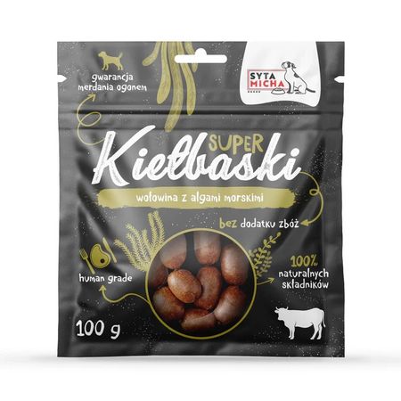 Syta Micha Super kiełbaski 100g chrupiące przysmaki 100% naturalne, 95% mięsa mięśniowego - Wołowina z algami morskimi