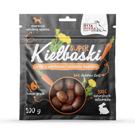 Syta Micha Super kiełbaski 100g chrupiące przysmaki 100% naturalne, 95% mięsa mięśniowego - Królik z marchewką i mniszkiem