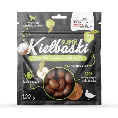 Syta Micha Super kiełbaski 100g chrupiące przysmaki 100% naturalne, 95% mięsa mięśniowego - Kaczka z kokosem i jabłkiem