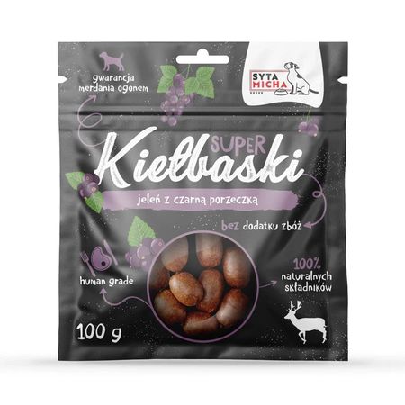 Syta Micha Super kiełbaski 100g chrupiące przysmaki 100% naturalne, 95% mięsa mięśniowego - Jeleń z czarną porzeczką