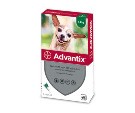 Advantix Spot-On 0,4ml krople dla psa małych ras do 4kg oraz szczeniąt (powyżej 7 tygodni) przeciw pchłom i kleszczom -  1 pipeta
