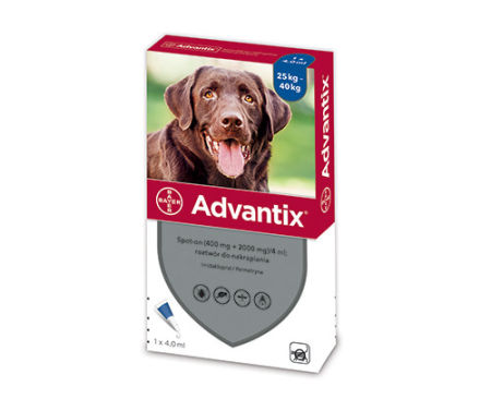 Advantix Spot-On 4ml krople dla psa od 25kg do 40kg oraz szczeniąt (powyżej 7 tygodni) przeciw pchłom i kleszczom -  1 pipeta