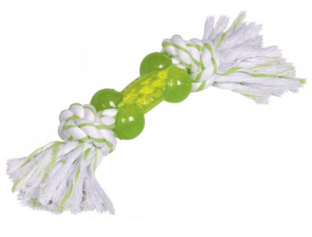 Zabawka z gumy termoplastycznej dla psa Nobby TPR Bone with rope 27cm- pływająca kość o miętowym zapachu i bawełnianymi sznurkami