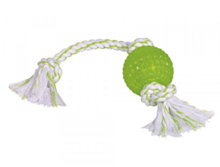 Zabawka z gumy termoplastycznej dla psa Nobby TPR Ball with rope 44cm- pływająca piłka o miętowym zapachu i bawełnianymi sznurkami