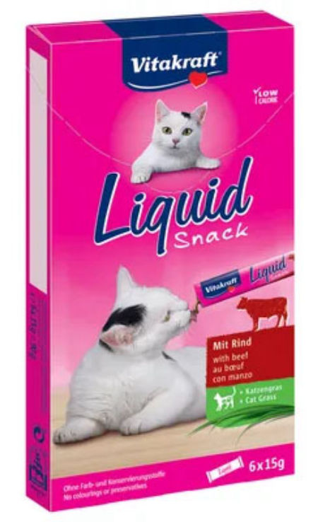 Przysmak dla kota Vitakraft Cat Liquid Snack pasta z wołowiną i inuliną, trawą  ( 6*15g saszetki) - kremowa pasta