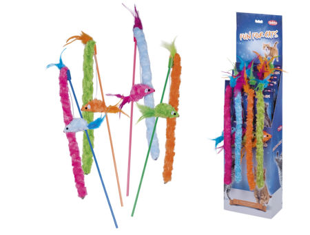 Zabawka dla kota pręcik z pluszową zabawką, myszką z grzechotką, dzwoneczkiem i piórkami 45 cm Nobby