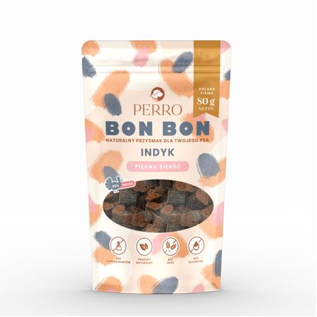 Perro Bon Bon 80g przysmaki z dodatkiem funkcyjnym indyk 85% - piękna sierść - bez gliceryny 