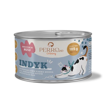 Perroland CATering mono białkowa, mokra karma dla kotów 185g - indyk - 97%: mięsa z indyka, podrobów i bulionu w smakowitym musie