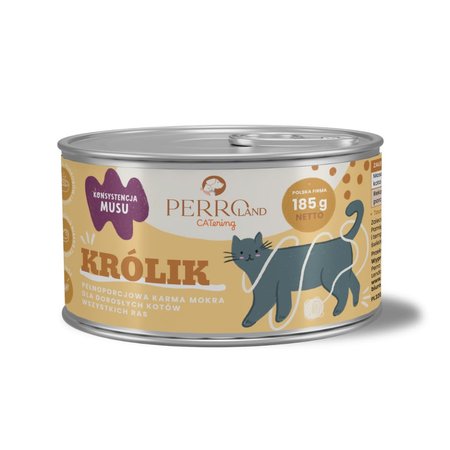 Perroland CATering mono białkowa, mokra karma dla kotów 185g - królik - 97%: mięsa, podrobów i bulionu w smakowitym musie