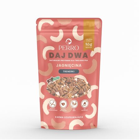 Perro Daj Dwa 85g przysmaki - trenerki jagnięcina 95% - mięso mięśniowe - bez gliceryny - suszone mięso