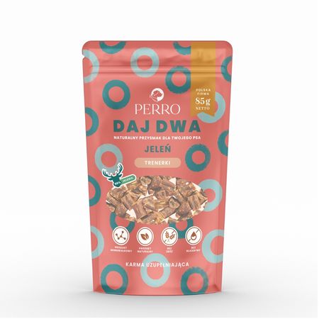 Perro Daj Dwa 85g przysmaki - trenerki jeleń 95% - mięso mięśniowe - bez gliceryny - suszone mięso