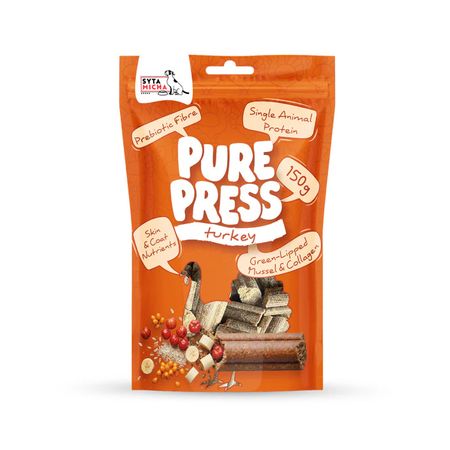 Syta Micha Pure Press Turkey 150 g Smaczki dla psa tłoczone na zimno - z indykiem- niskokaloryczne, wzmacniające odporność, wsparcie w okresie rekonwalescencji