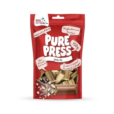 Syta Micha Pure Press Pork 150 g Smaczki dla psa tłoczone na zimno - z wieprzowiną- wzmacniające odporność, wyciszające, wsparcie dla wrażliwej trzustki