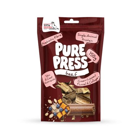 Syta Micha Pure Press Beef 150 g Smaczki dla psa tłoczone na zimno - z wołowiną - dla psów aktywnych, pracujących, rekonwalescentów oraz seniorów