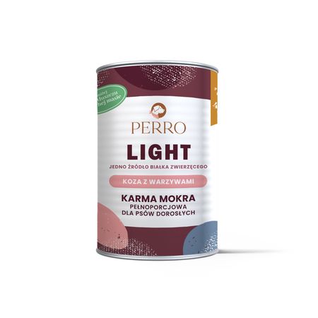 Perro Light monobiałkowa mokra karma dla psów dorosłych 400g - linia karm dla psów, które chcą zgubić nadprogramowe kilogramy, z wrażliwym układem trawiennym oraz seniorów - koza z warzywami