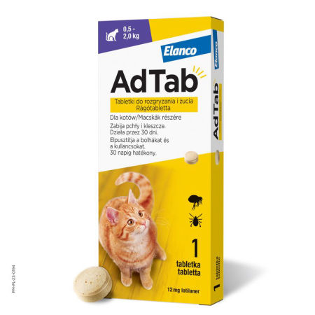 AdTab tabletka na pchły i kleszcze firmy ELANCO Cat 12mg dla kota o wadze 0,5-2 kg